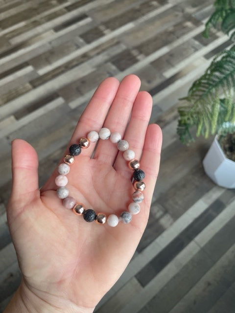 Rose Gold Hematite, Pink Zebra Jasper and Lava Bracelet